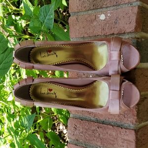 Pink satin bow peep toe heels